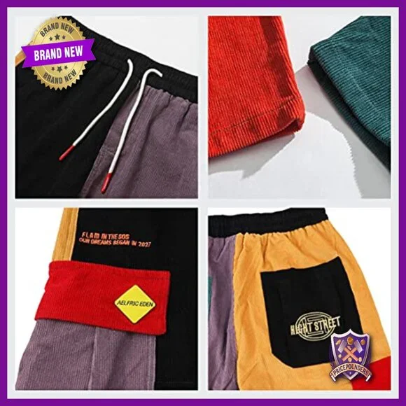 Men's Corduroy Cargo Joggers with Patchwork Design and Drawstring Waist